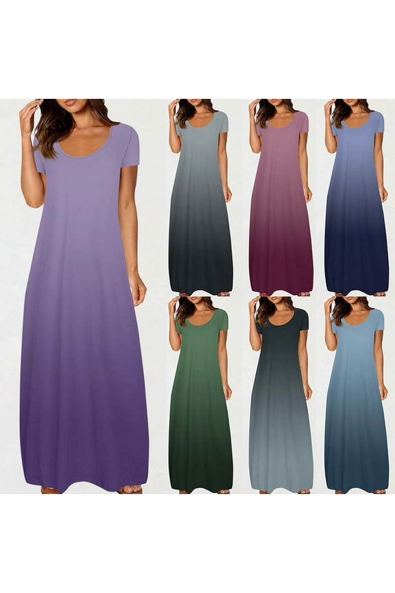 Plus Size Dresses for Women Short Sleeve Crewneck T Shirt Maxi Dress Gradient Printed Casual Summer Dresses Blue M