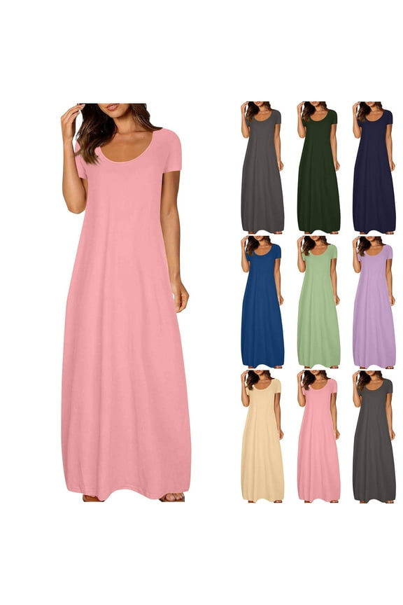 Plus Size Dresses for Women Short Sleeve T Shirt Maxi Dress Solid Casual Summer Dresses Purple XL