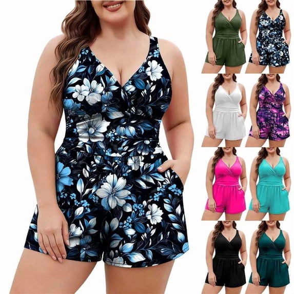VBTAPA Plus Size Swim Romper One Piece Swimsuit Women Bathing Suit with Pockets Modest Swimwear with Shorts Army Green XXXXL