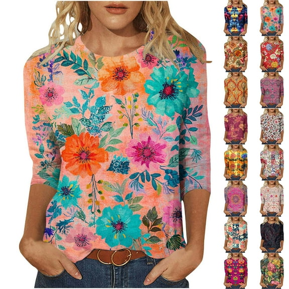 VBTAPA Plus Size Tops for Women 3/4 Sleeve Floral Print T-shirt Dressy Casual Round Neck Blouse Tees Prime Sales of The Day Multicolor XXXXXL