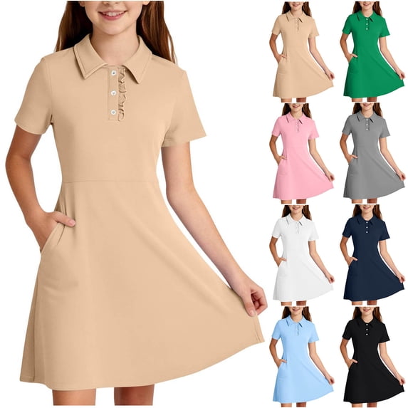 VBTAPA Polos Dresses for Girls Student Cute Ruffle Button up Lapel T-Shirt Dress Summer Short Sleeve Uniform Dresses Green 160