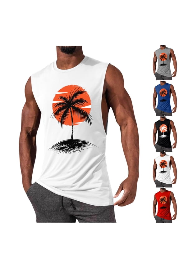 Big and Tall Tank Top for Men Tropical Summer Beach Tanks Sleeveless Palm Tree Graphic Tees Workout Muscle Cut Off Shirts Black M