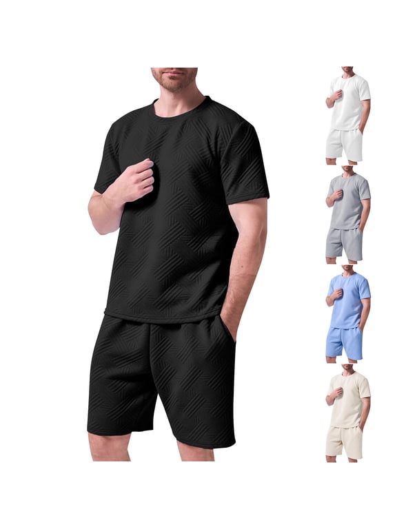 Mens 2 Piece Summer Outfits Short Sleeve Crew-Neck T Shirts & Shorts Casual Track Suit Drawstring Jogging Matching Set Sky Blue S