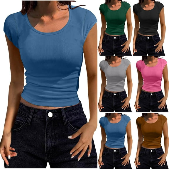 VBTAPA Ribbed Knit Tank Tops for Women Cap Sleeve Crewneck T Shirt Slim Fit Y2K Going Out Crop Top Fashion Streetwear Green S