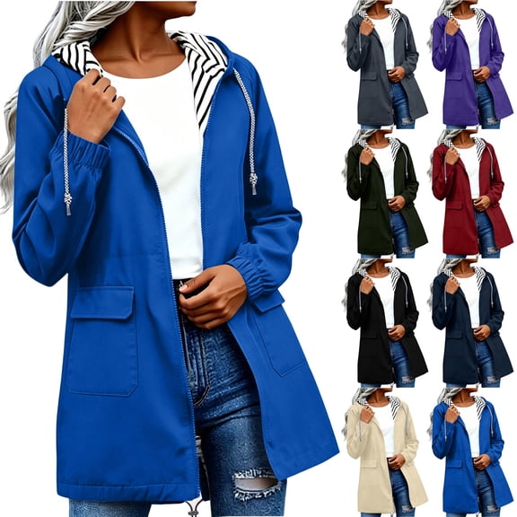 VBTAPA Rain Jacket Women Waterproof Striped Lined Hooded Raincoat Lightweight Mid Length Travel Windbreakers with Pockets Gray S