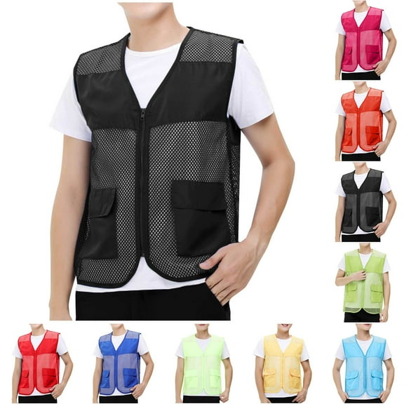 VBTAPA Sales of The Day! Cargo Vest for Men Lightweight Breathable Mesh Vest Zip Up Sleeveless Jacket Outdoor Volunteer Work Coat with Pockets Black XXXL