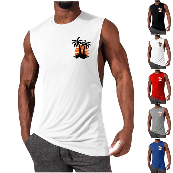 VBTAPA Sales of The Day! Cotton Tank Top for Men Palm Tree Printed Sleeveless Cut Off Shirts Hawaiian Beach Tanks Tropical Summer Vacation Tops Gray M
