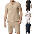 thumbnail image 1 of VBTAPA Sales of The Day! Men's 2 Piece Cotton Linen Sets Summer Beach Outfits Short Sleeve Henley Shirts and Shorts Set Solid Casual Yoga Tracksuit Navy XXL, 1 of 5