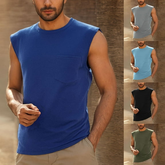 VBTAPA Sales of The Day! Mens Solid Tank Tops Sleeveless Workout Cut Off Shirts Basic Athletic Undershirts Muscle Gym T Shirts with Pocket Army Green M