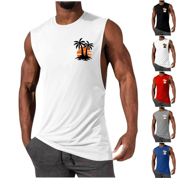 VBTAPA Cotton Tank Top for Men Palm Tree Printed Sleeveless Cut Off Shirts Hawaiian Beach Tanks Tropical Summer Vacation Tops Gray S