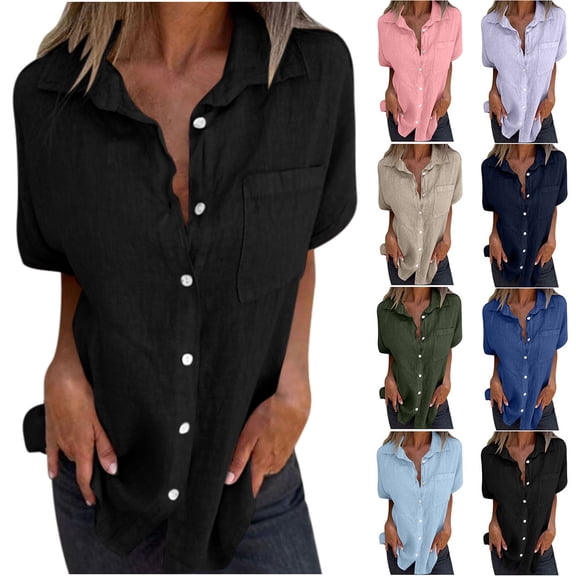 VBTAPA Sales Today Clearance! Womens Cotton Linen Shirts Loose Casual Button Down Shirt Lightweight Breathable Summer Beach Shirts Blue S