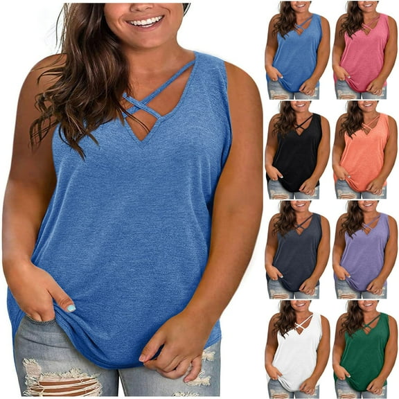 VBTAPA Womens Plus Size Tank Tops Criss Cross V Neck Sleeveless T Shirt Summer Casual Camisole Green XXL
