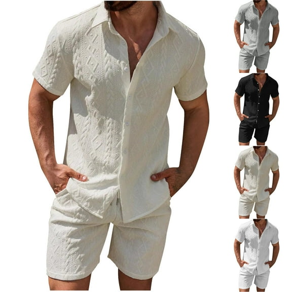 VBTAPA Sales of The Day! Men's 2 Piece Casual Outfits Cable Knit Button Down Shirt and Shorts Set Summer Beach Party Suits White XL