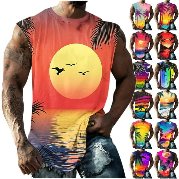 VBTAPA Sales of The Day! Mens Palm Tree Graphic Tank Tops Summer Beach Sleeveless Shirts Casual Vacation Tanks Muscle Gym Workout Shirts Multicolor S