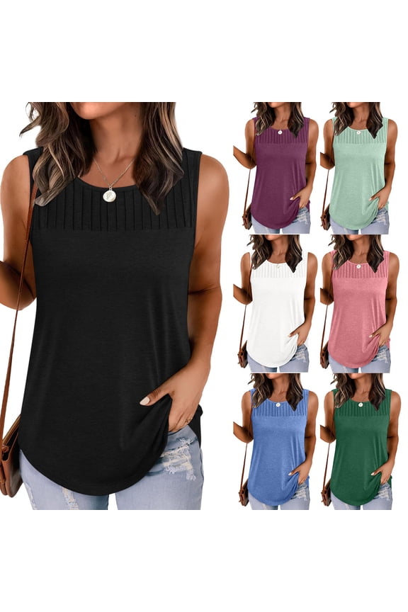 Sales of The Day! Pleated Tops for Women Square Neck Tank Top Summer Casual Loose Sleeveless Tee Blouse Pink XXL