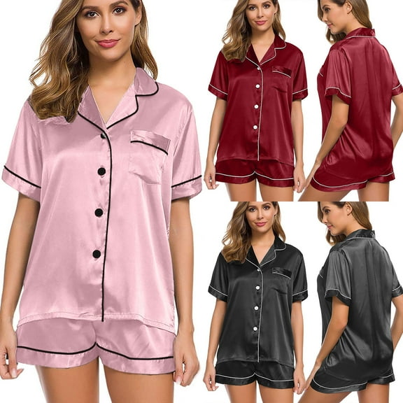 VBTAPA Satin Silk Pajama Set for Women 2 Piece Loungewear Button Down Sleepwear Soft Nightwear Short Sleeve Shirts and Shorts Matching Set Pink L