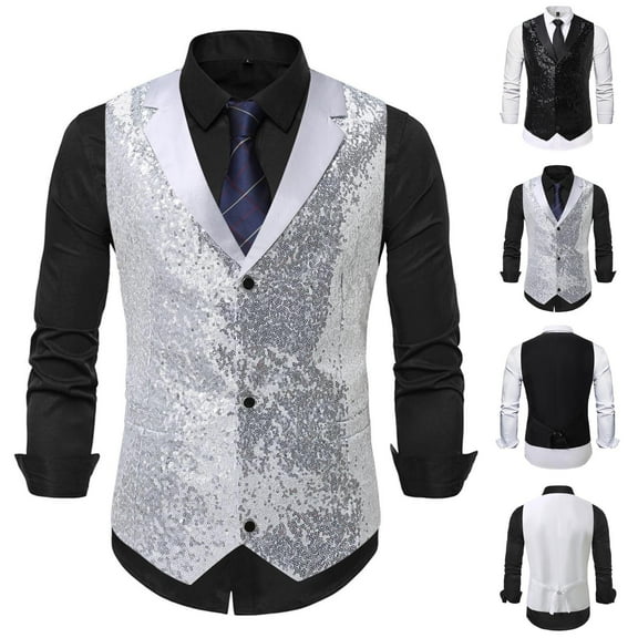 VBTAPA Sequin Vest Party Formal V-neck Shiny Waistcoat for Wedding Events Mardi Gras St Patricks Day Carnival Silver L