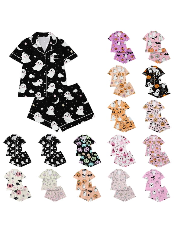 Spooky Season Pajamas Women Halloween Pj Set Button Down Top and Shorts 2 Piece Soft Sleepwear Multicolor XXL