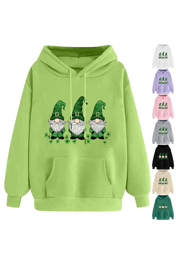 St. Patrick's Day Hoodies for Women Irish Shamrock Print Hooded Sweatshirt Lucky Clover Graphic Hoodie Loose Casual Drawstring Pullover Tops on Sale White XXL