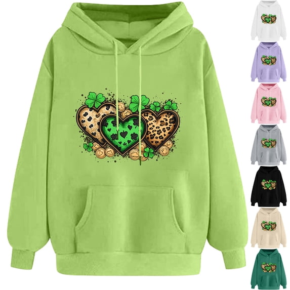 VBTAPA St. Patrick's Day Sweatshirt for Women Cute Gnome Print Long Sleeve Drawstring Hooded Sweatshirt Irish Lucky Clover Print Pullover Tops White S