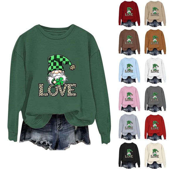 VBTAPA St. Patrick's Day Sweatshirts for Women Lucky Shamrock Sweatshirt Funny Leprechaun Hat Printed Crew Neck Long Sleeve Pullover Tops Gray L