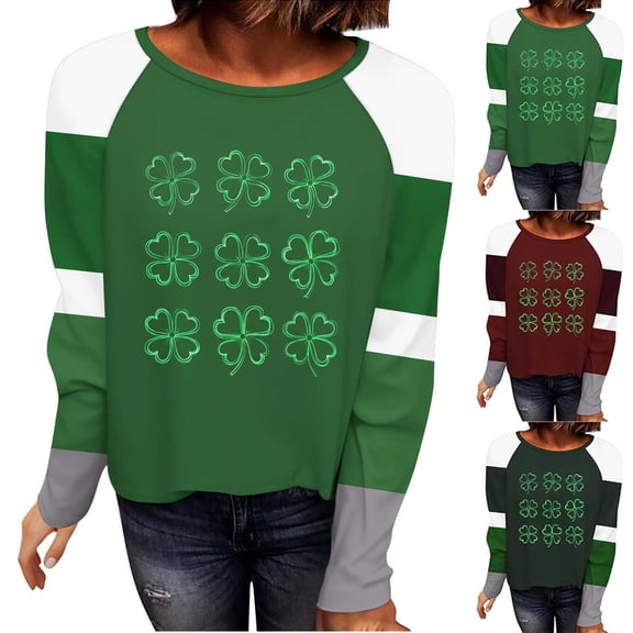 VBTAPA St. Patricks Day Shirts for Women Lucky Shamrock Graphic Tees Color Block Splicing Long Sleeve Tops Irish Holiday T-shirts Loose Casual Raglan T Shirt Army Green XXL