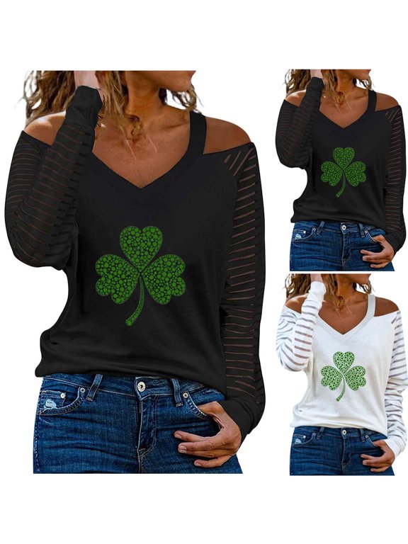 St Patricks Day Shirts for Women Irish Shamrock Lucky Tshirt V-Neck Cold Shoulder Long Sleeve Blouses Tops Black XXL