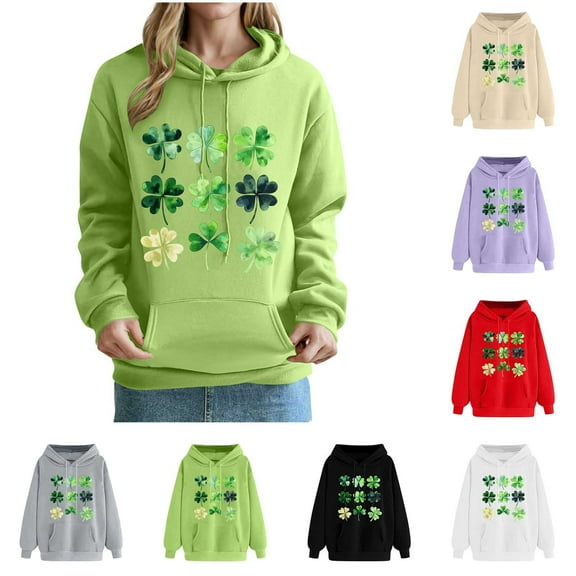 VBTAPA St Patricks Day Sweatshirt for Women Irish Clover Graphic Hoodies Long Sleeve Drawstring Hooded Sweatshirts with Kangaroo Pocket on Sale Black M