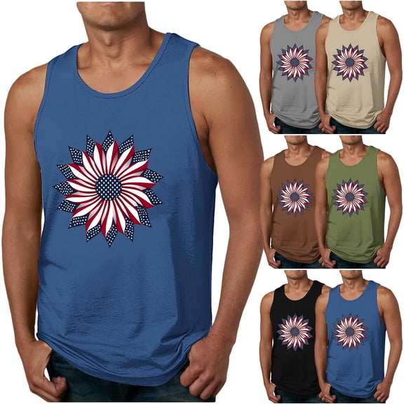 VBTAPA Summer Beach Tank Tops for Men 4th of July Patriotic Shirts Sleeveless American Flag Graphic Tees Gray L