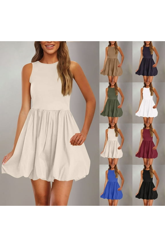 Summer Bubble Dress for Women 2026 Casual Mini Bodycon Dresses Sleeveless Beach Sundress Blue M