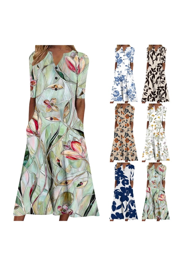 Summer Dresses for Women Boho Floral Long Dress Short Sleeve Henley Neck Maxi Dresses with Pockets Beige XXL