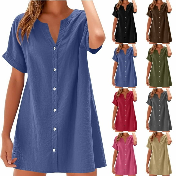 VBTAPA Summer Dresses for Women Short Sleeve Button Down Shirt Dress Oversized Boyfriend Mini Dresses Coffee L