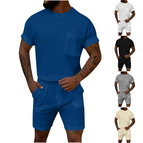 VBTAPA Summer Outfits for Men Waffle Knit Pocket Tee Shirt and Shorts Set Solid Casual Sports Sets Short Sleeve Sweatsuit Track Suits Gray XL