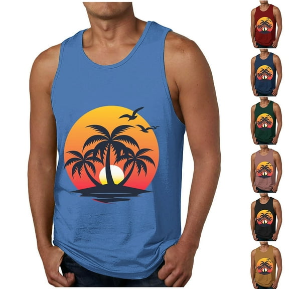 VBTAPA Mens Beach Tank Top Sleeveless Palm Tree Graphic Tees Tropical Summer Vacation Tops Yellow L