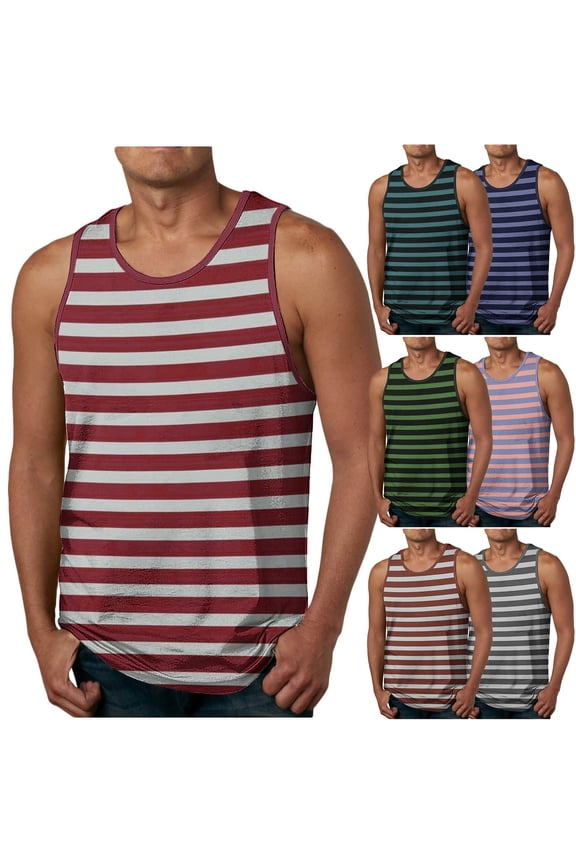Men's Striped Tank Top Fashion Casual Sleeveless Crew Neck T Shirt Summer Beach Athletic Undershirts Gray S