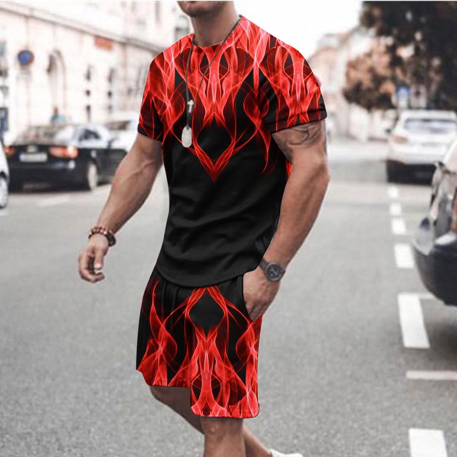 VBTAPA Summer Tracksuit for Men 2 Piece Outfits Novelty 3D Flame