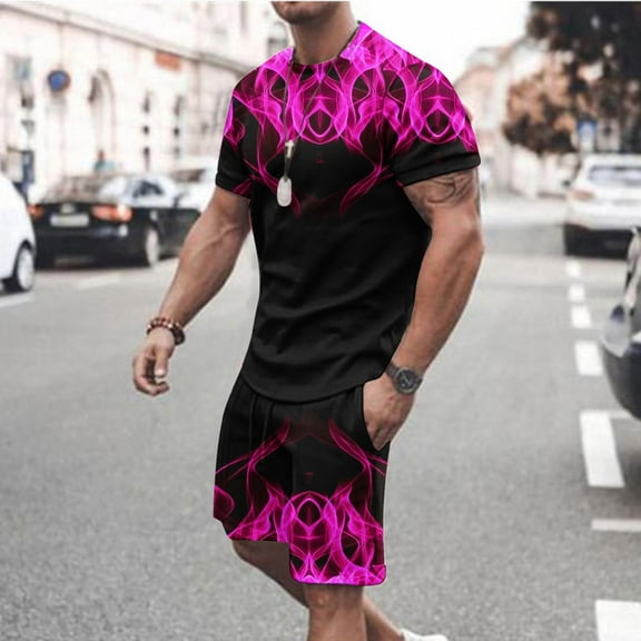 VBTAPA Summer Tracksuit for Men 2 Piece Outfits Novelty 3D Flame Print Short Sleeve Crewneck Tee Shirts and Shorts Set Big and Tall Casual Sport Suit Cool Streetwear Purple XXXL