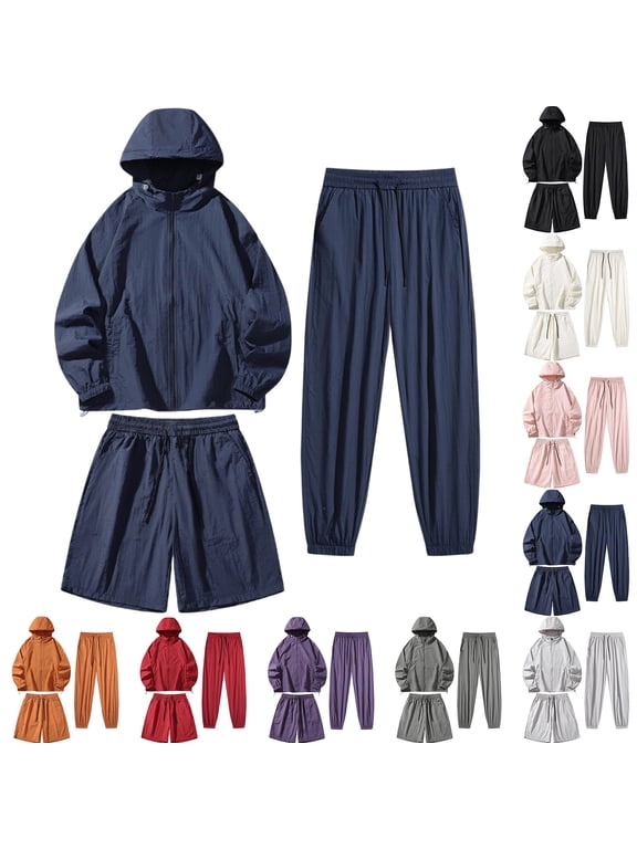 Sun Protection 3 Piece Sets for Men UPF 50+ Long Sleeve Hoodie Shorts Pants Set Zip Up Windbreaker Jacket Matching Set Outdoor Hiking Athletic Running Outfit Pink XXL