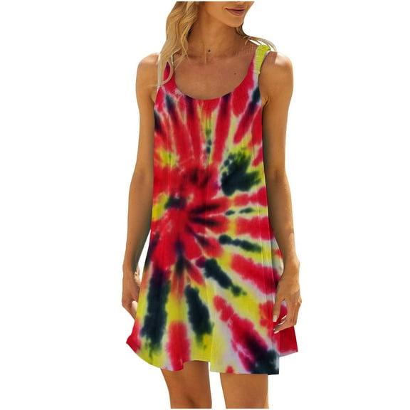 VBTAPA Sundresses for Women Fashion Tie Dye Printed Casual Dresses Summer Beach Sleeveless Mini Dresses Ruffle Hem Shift Dress Green XXL