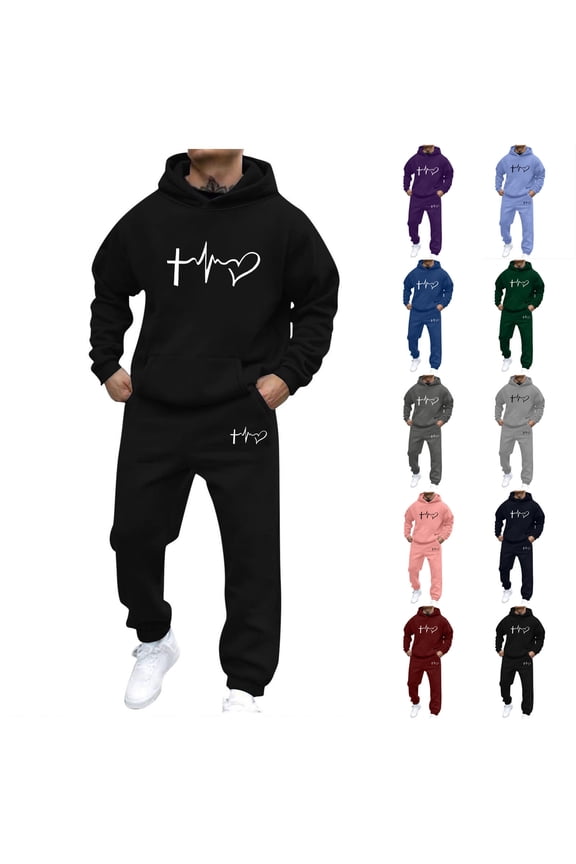 Sweat Suits for Men Tracksuits 2 Piece Sets Heart Beat Print Athletic Jogging Suits Trendy Casual Outfits Daily Sales Black XL