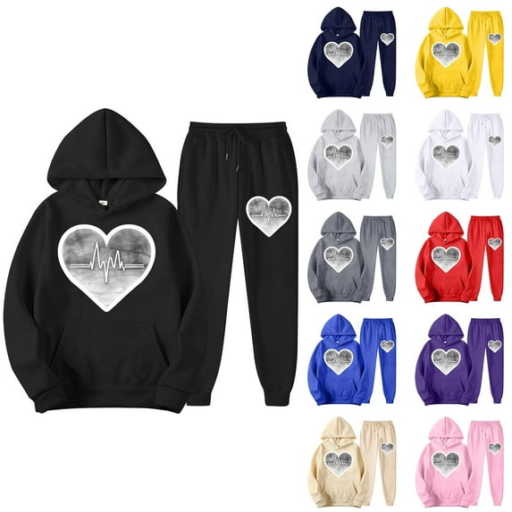 VBTAPA Sweatsuits for Women Set 2 Piece Jogging Outfit Fashion Heartbeat Print Hoodie Sweatshirt Jogger Sweatpants Tracksuit Y2K Streetwear Pink L