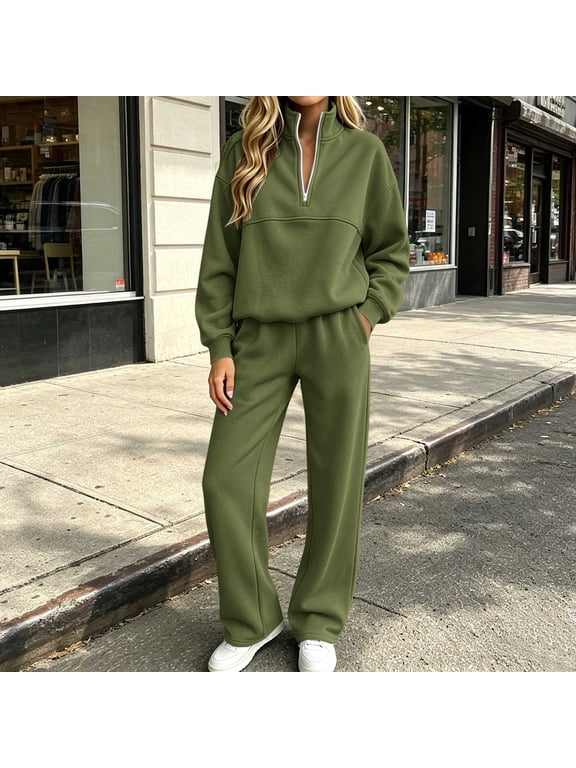 Sweatsuits for Women 2 Piece Matching Outfit Half Zip Pullover Sweatshirts Wide Leg Sweatpants Set Lounge Track Suit with Pockets S