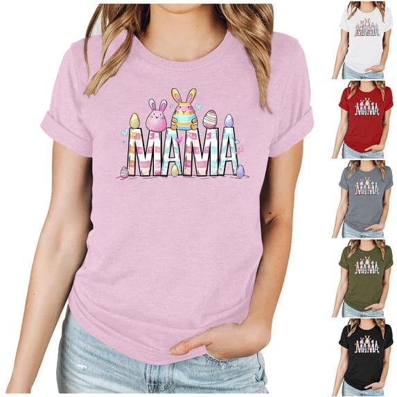 VBTAPA T-shirts for Women 2025 Easter Bunny Egg Graphic Tees Novelty Holiday Blouse Round Neck Short Sleeve Tops Lightning Sales Today White L