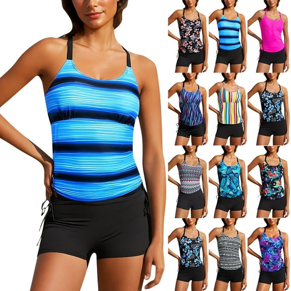 VBTAPA Womens 2025 Tankini Swimsuits Tummy Control Two Piece Bathing Suits Swim Tank Top with Boyshorts Boho Summer Beach Swimwear on Clearance Multicolor S