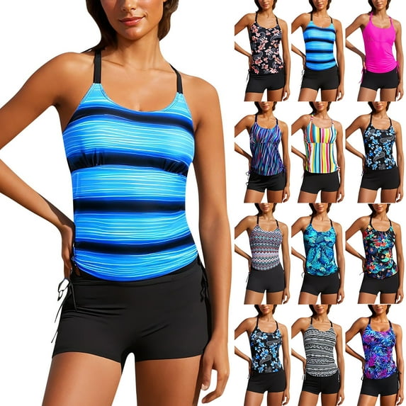VBTAPA Womens 2025 Tankini Swimsuits Tummy Control Two Piece Bathing Suits Swim Tank Top with Boyshorts Boho Summer Beach Swimwear on Clearance Multicolor S