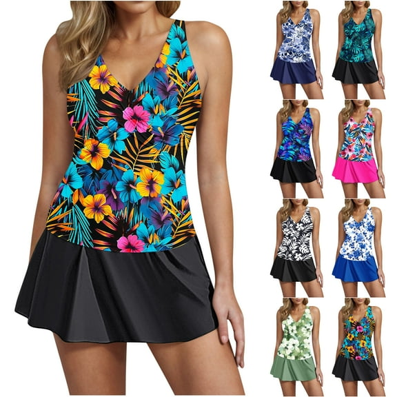 VBTAPA Tankini Swimsuits for Women Tummy Control V Neck Swimdress Two Piece Swim Dress Bathing Suit with Skirt Sales of Today Multicolor M