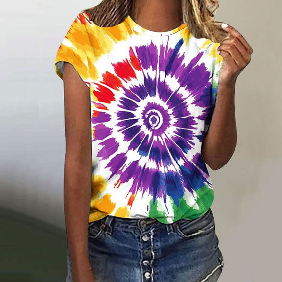 VBTAPA Tie Dye Print Shirt Women Gradient Graphic Short Sleeve T-Shirt Summer O-Neck Casual Colorful Tee Tops Sales of Today Multicolor L