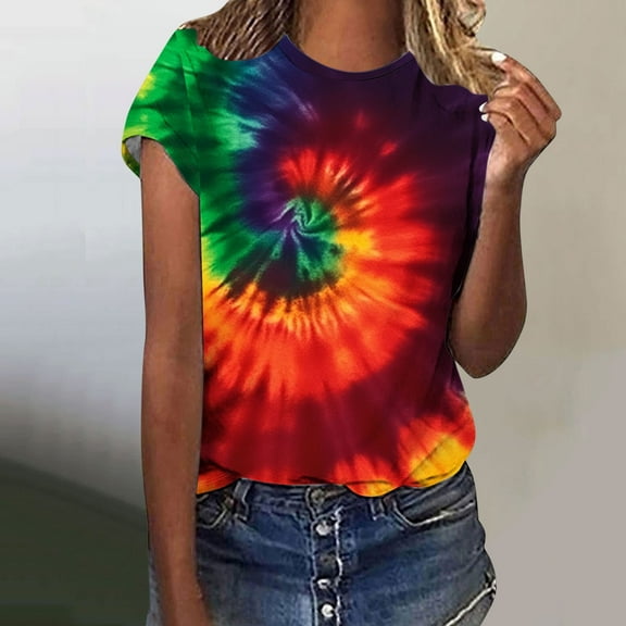 VBTAPA Tie Dye Print Shirt Women Gradient Graphic Short Sleeve T-Shirt Summer O-Neck Casual Colorful Tee Tops Sales of Today Multicolor XL
