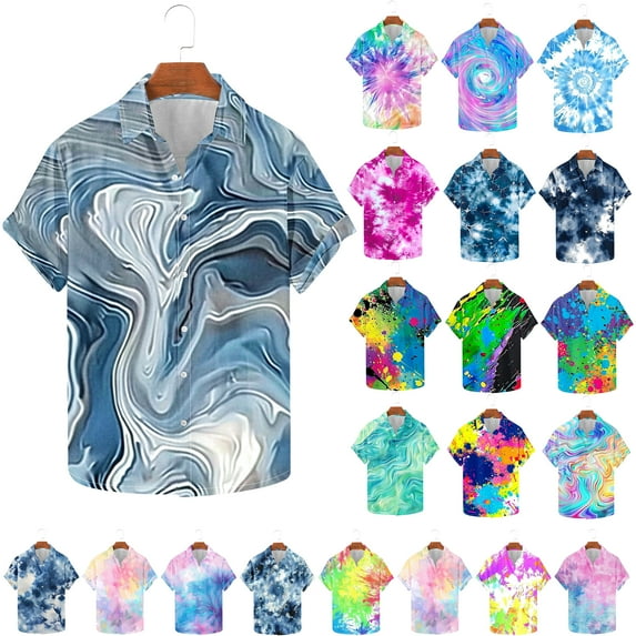 VBTAPA Tie Dye Shirts for Men Big and Tall Hawaiian Shirt Stylish Casual Button Down Shirts Summer Beach Vacation Tops Holiday Party Blouse Multicolor XXL