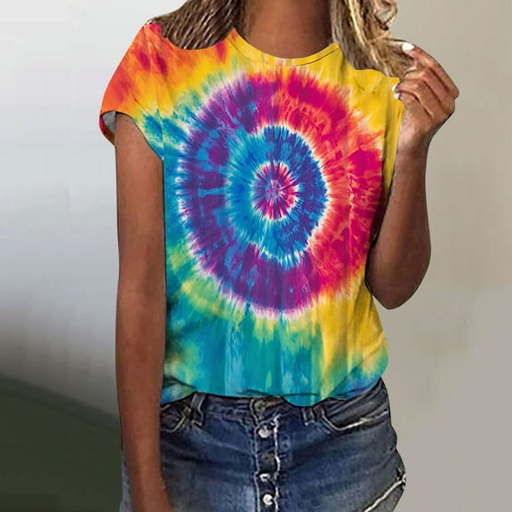 VBTAPA Tie Dye Shirts for Women Short Sleeve Crewneck Tops Casual Stylish T-shirt Novelty Graphic Tees Big Sales Today Multicolor L